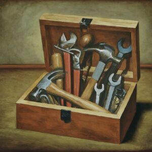 Open wooden toolbox with various hand tools, representing the diverse instruments in a public relations toolkit.