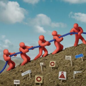 Stylized red figures engaging in a tug-of-war on a hillside, with various strategy signs planted in the ground, depicting competitive industry forces.