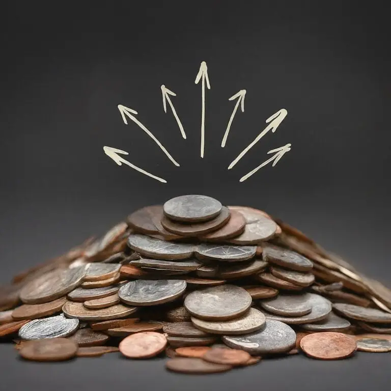 A mound of assorted coins with drawn white arrows pointing upwards, representing the concept of budget allocation in advertising.