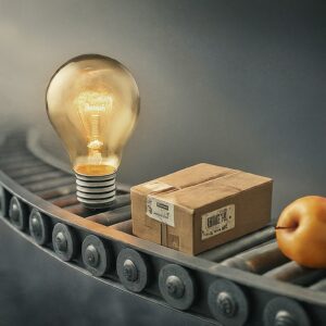 Lightbulb glowing above a conveyor belt with a cardboard box and apple, symbolizing the new product development process.