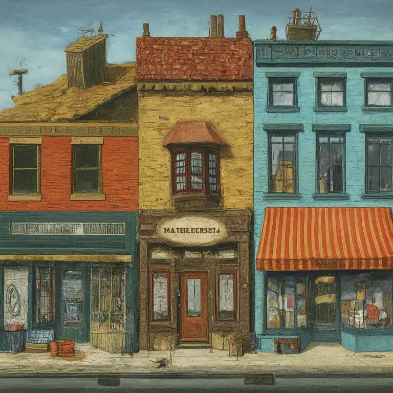 Vivid painting of a row of distinct, colorful storefronts, each representing different consumer product classifications.