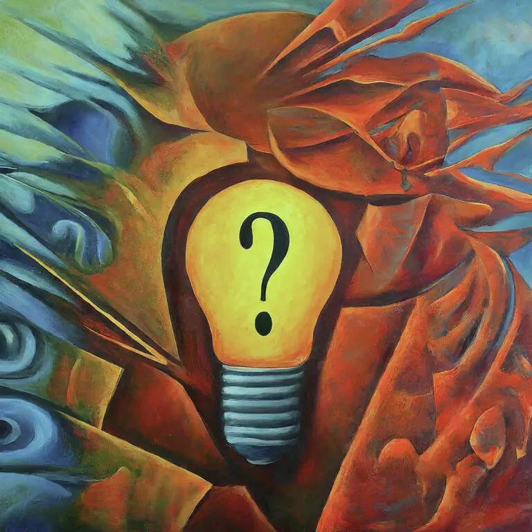 Abstract painting of a lightbulb with a question mark at its center, symbolizing strategic questioning in advertising objectives within product lifecycle stages.