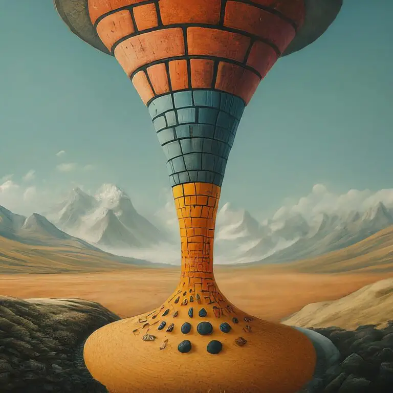 Surreal painting of a funnel-shaped structure in a desert landscape, symbolizing the marketing funnel concept.