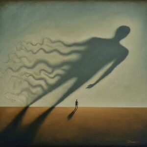 A figure casting a long shadow that transforms into a wavy pattern on a sandy surface, symbolizing the depth and complexity of service deployment in business.