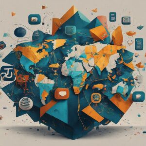 Dynamic collage of fragmented shapes and iconic social media symbols representing omnichannel marketing strategy.