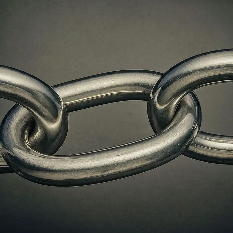 Close-up of interconnected steel chain links on a gray background.