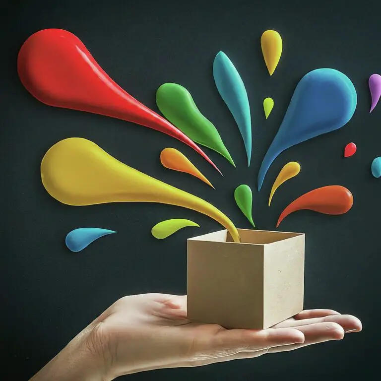 Vibrant paint splashes emerging from a cardboard box held in a hand against a black background.