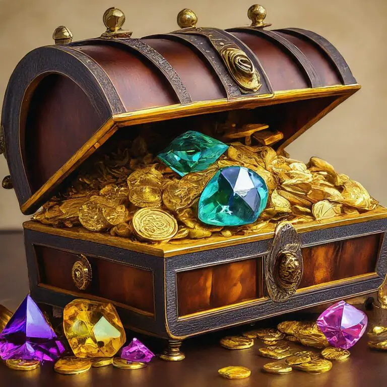 Opulent treasure chest overflowing with gold coins and large, colorful gemstones representing differentiation value in pricing.