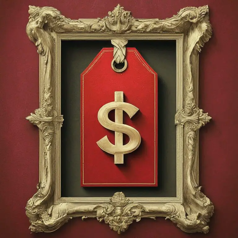 A golden dollar sign displayed on a red tag within an ornate frame, illustrating the concept of reference-based pricing