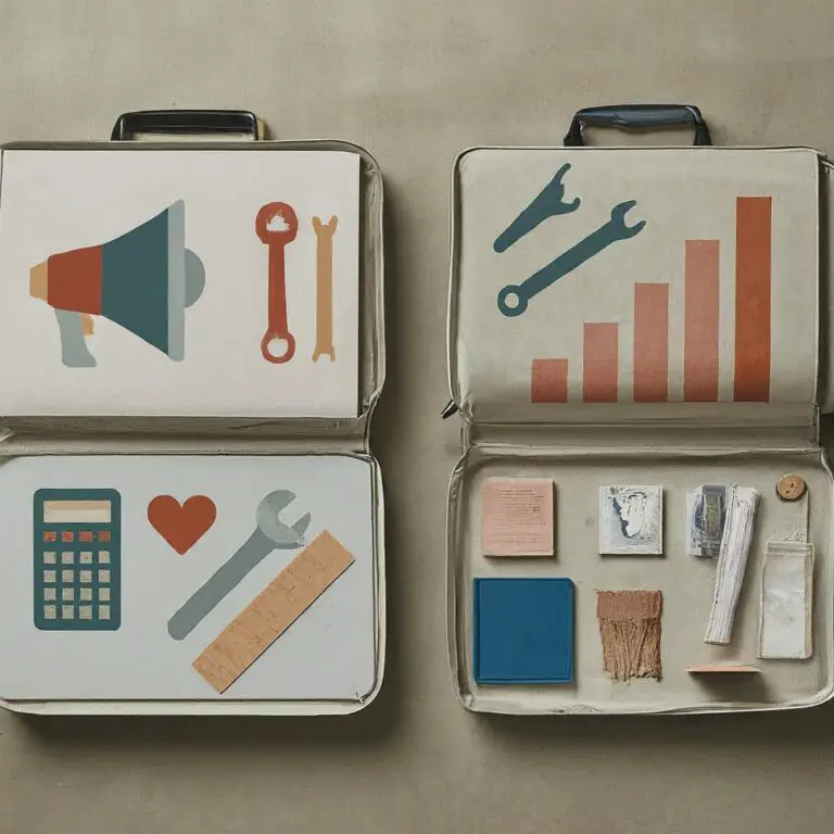 Two open briefcases displaying marketing tools and growth charts, symbolizing diverse strategies in non-profit and for-profit marketing.