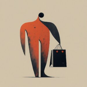 Stylized figure holding a shopping bag, symbolizing the consumer acquisition process.