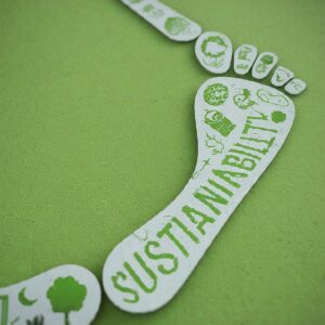 Footprint with 'SUSTAINABILITY' text and green icons on an eco-friendly background, representing sustainable marketing strategies.