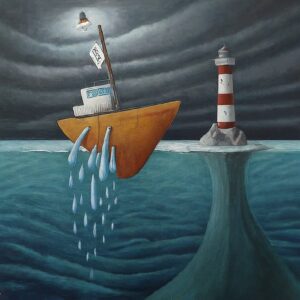 Surreal artwork of a boat with an inverted hull pouring water into the sea, with a lighthouse on a lone rock in the background under a stormy sky.