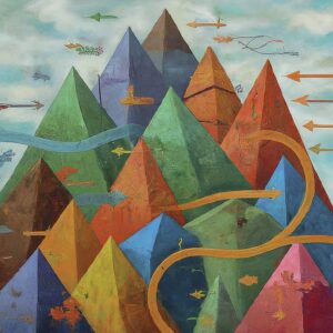 Colorful pyramid landscape with interwoven arrows, illustrating B2B market segmentation dynamics.