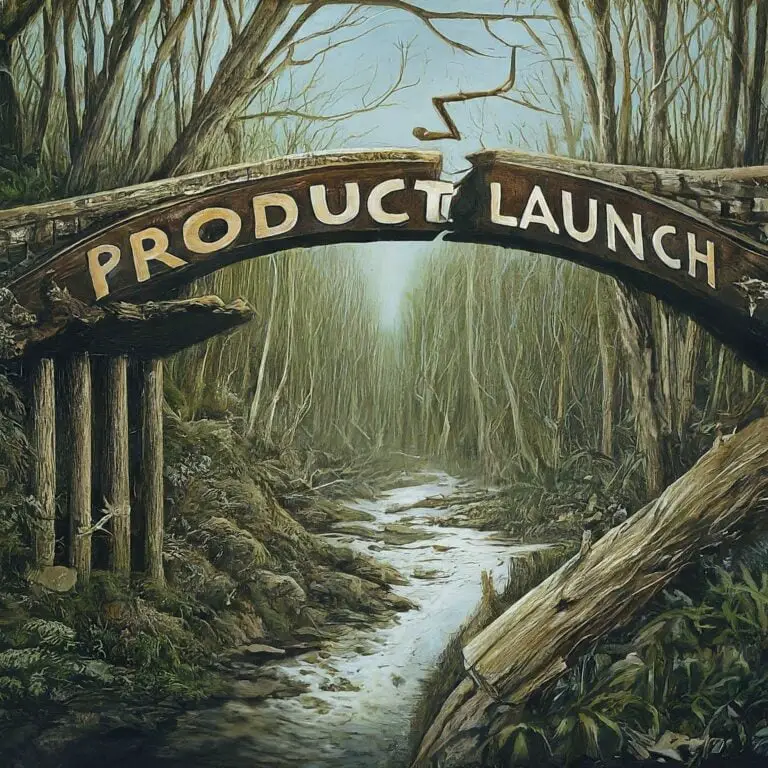 Wooden archway with 'PRODUCT LAUNCH' sign over a forested stream path, representing the journey of new product development.