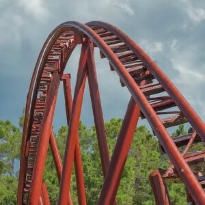 A close-up of a rollercoaster loop, evoking the cyclical nature of the product life cycle stages.