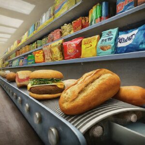 A conveyor belt with sandwiches and bread, with shelves of packaged food in the background, illustrating the accessibility of convenience products.