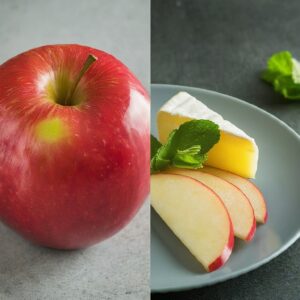 Whole apple and plated apple slices with cheese, illustrating the concept of product augmentation.