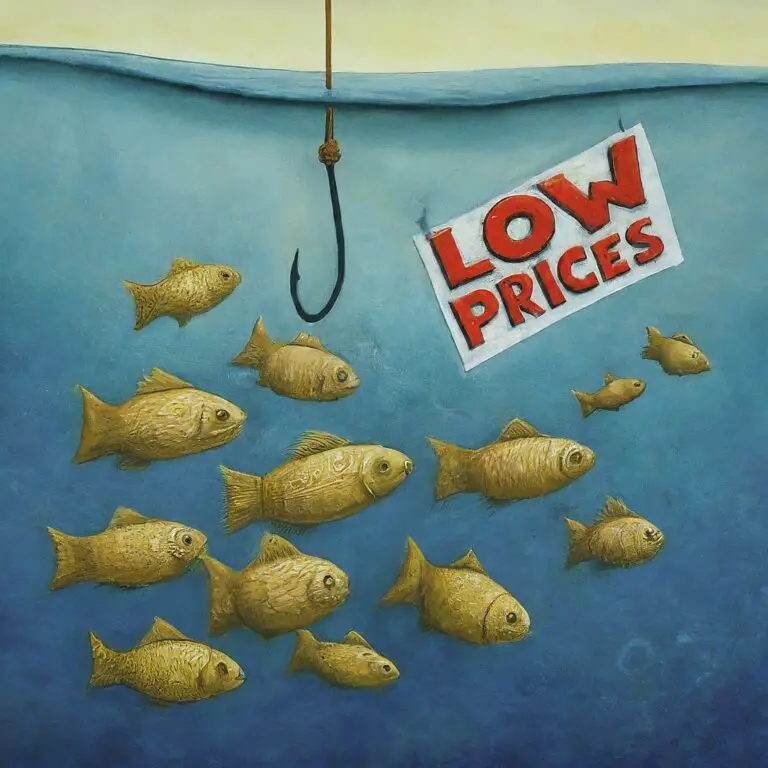 Fish swimming towards a hook with a 'LOW PRICES' sign, illustrating penetration pricing strategy.