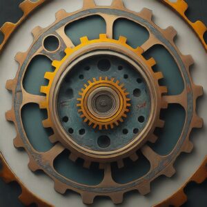 Close-up of interlocking gears with contrasting gold and teal hues, symbolizing precision engineering and industrial machinery.