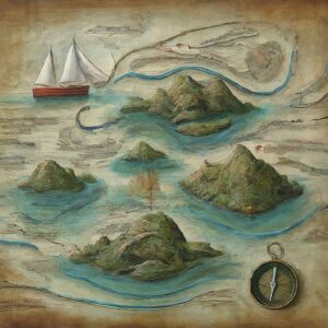 An old-world styled painting depicting a sailboat navigating through a maze of islets with a compass overlay, representing navigation through macroenvironmental factors in business.