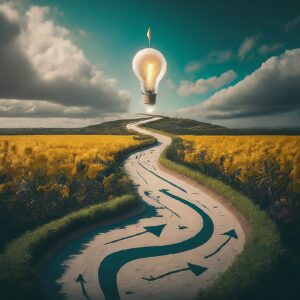 Illuminated light bulb with a candle flame on a winding river through fields, symbolizing the marketing research process.