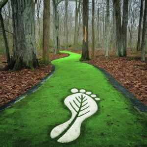 A winding path through a forest with a large, eco-friendly footprint symbol, illustrating the journey of sustainable marketing.