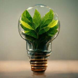 Lightbulb with green leaves inside, representing the concept of green marketing.