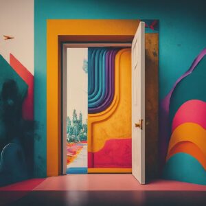 Open door leading to a vibrant, multilayered, and colorful dimension, symbolizing experiential marketing.