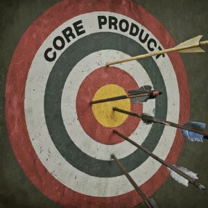 Arrows hitting a target with the words 'CORE PRODUCT', illustrating the focus on the central value of a product.