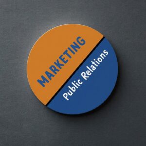 A round badge split into two halves, with the top half labeled 'MARKETING' in orange and the bottom half labeled 'Public Relations' in blue.