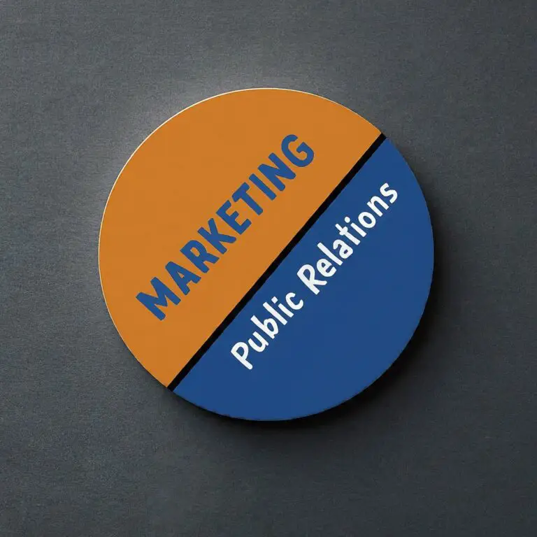 A round badge split into two halves, with the top half labeled 'MARKETING' in orange and the bottom half labeled 'Public Relations' in blue.