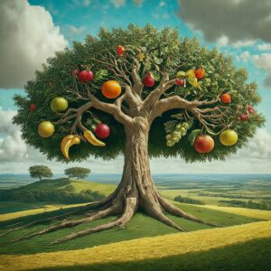 A richly diverse fruit-bearing tree symbolizing the concept of family branding with various fruits representing different products under a single brand.