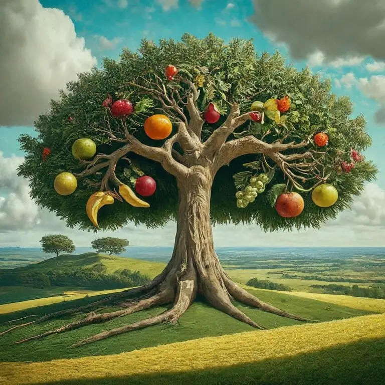 A richly diverse fruit-bearing tree symbolizing the concept of family branding with various fruits representing different products under a single brand.