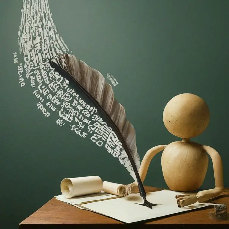 Wooden mannequin with a quill pen, words flowing from the tip, symbolizing the art of copywriting in marketing.