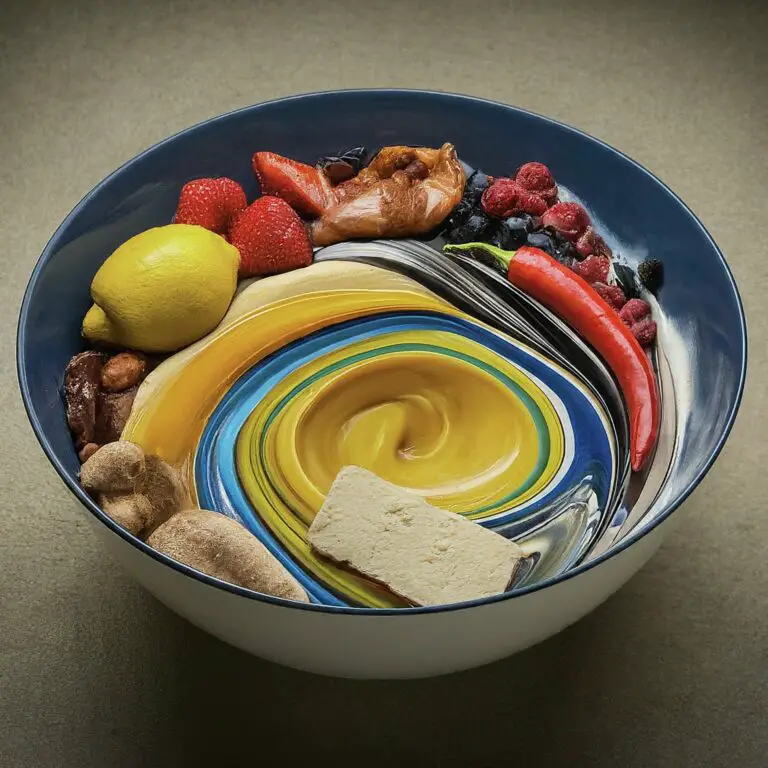 Artistic bowl with a swirl pattern containing an array of different foods, symbolizing mixed branding.