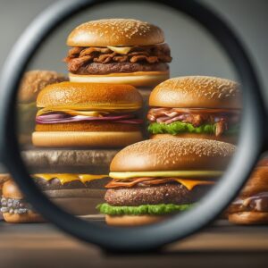 Variety of hamburgers magnified through a lens, symbolizing the focus on niche market products.