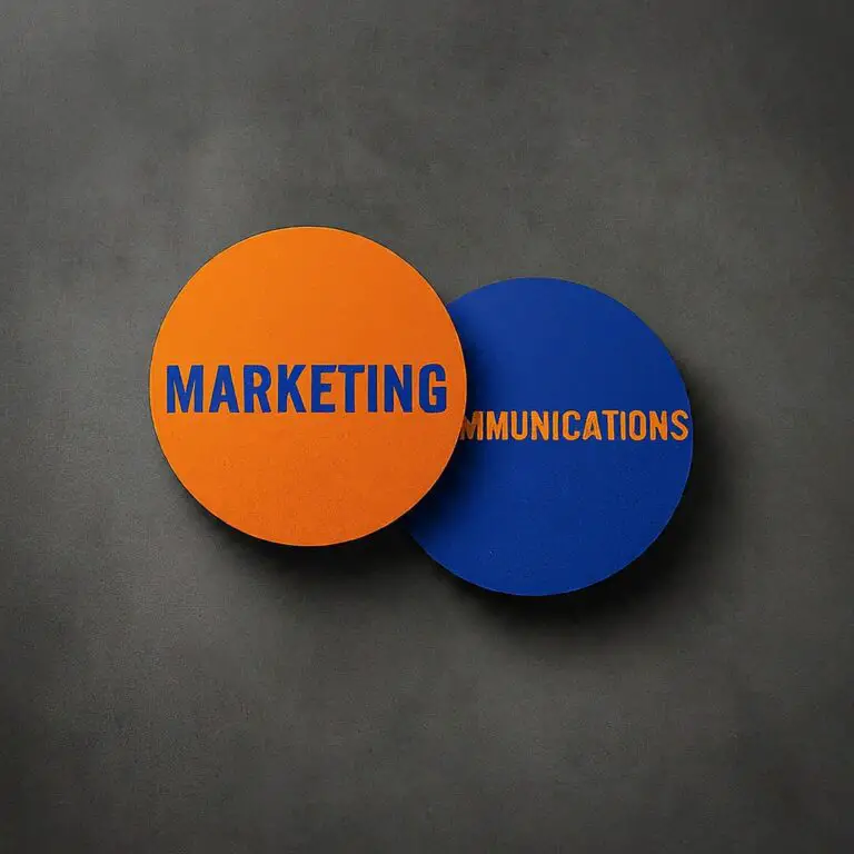 Two overlapping circles, one orange labeled 'MARKETING', the other blue labeled 'COMMUNICATIONS', on a grey background.