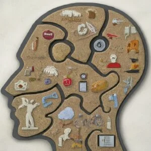 A puzzle-shaped head with various small objects inside, representing psychographic segmentation in marketing.