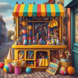 Colorful toy shop kiosk on a cobblestone street, symbolizing the dynamic appeal of social media marketing for small business visibility and engagement.