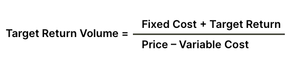 The formula for the Target Return Volume which equals the sum of the Fixed Cost and Target Return divided by the difference between the Price and Variable Cost