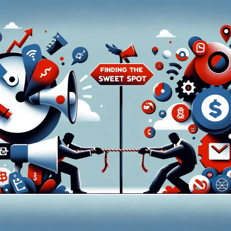 Illustration of two figures in a tug-of-war surrounded by marketing icons, with a signpost reading ‘Finding the Sweet Spot’, symbolizing the challenge of balancing marketing budget.