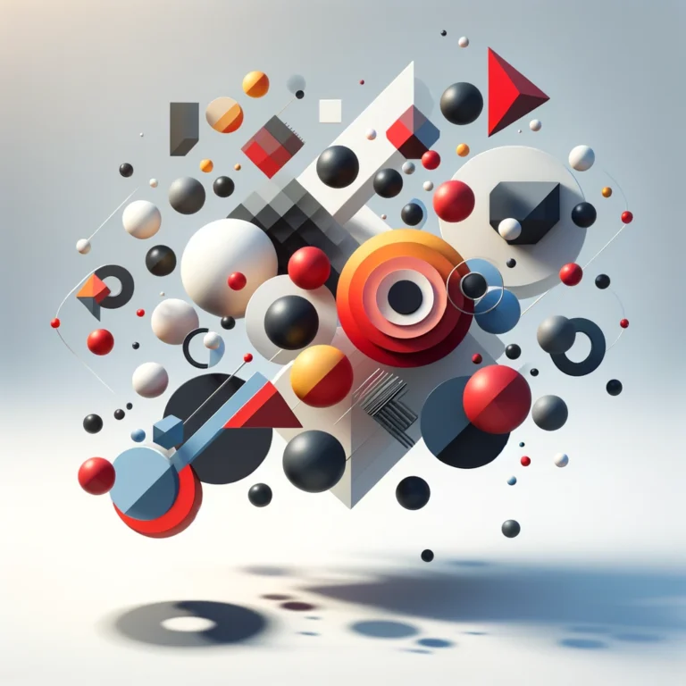 Abstract art of diverse geometric shapes and floating elements in red, black, and grey hues representing the complexity and diversity of creating a Unique Selling Proposition.