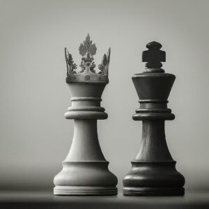 Black and white chess pieces of a king and queen representing the importance of content and marketing in business strategy.