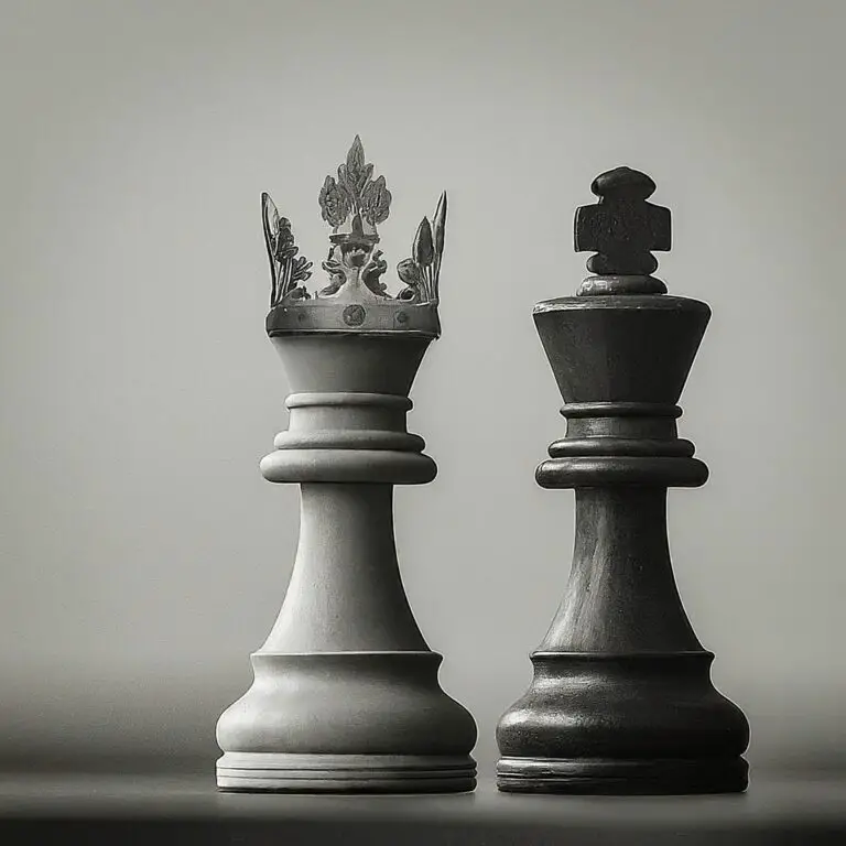 Black and white chess pieces of a king and queen representing the importance of content and marketing in business strategy.