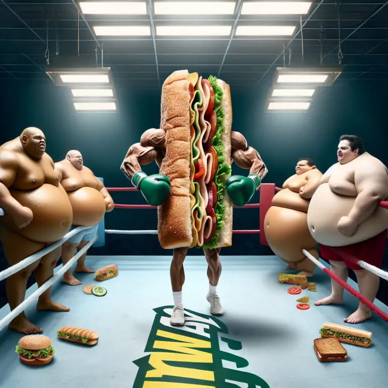 A strong and healthy Subway sandwich in a ring with sumo wrestlers