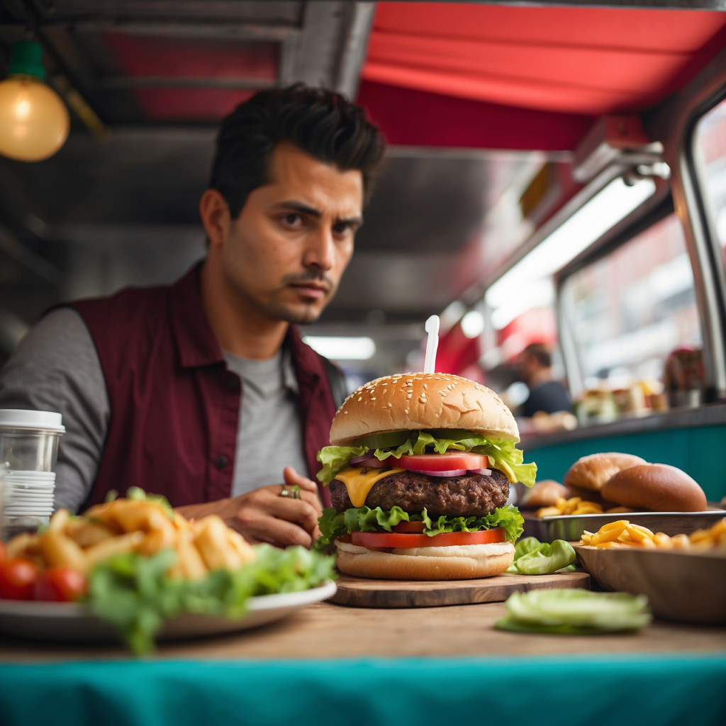 Person in a restaurant looking at a large, elaborately stacked burger with fresh vegetables and cheese.