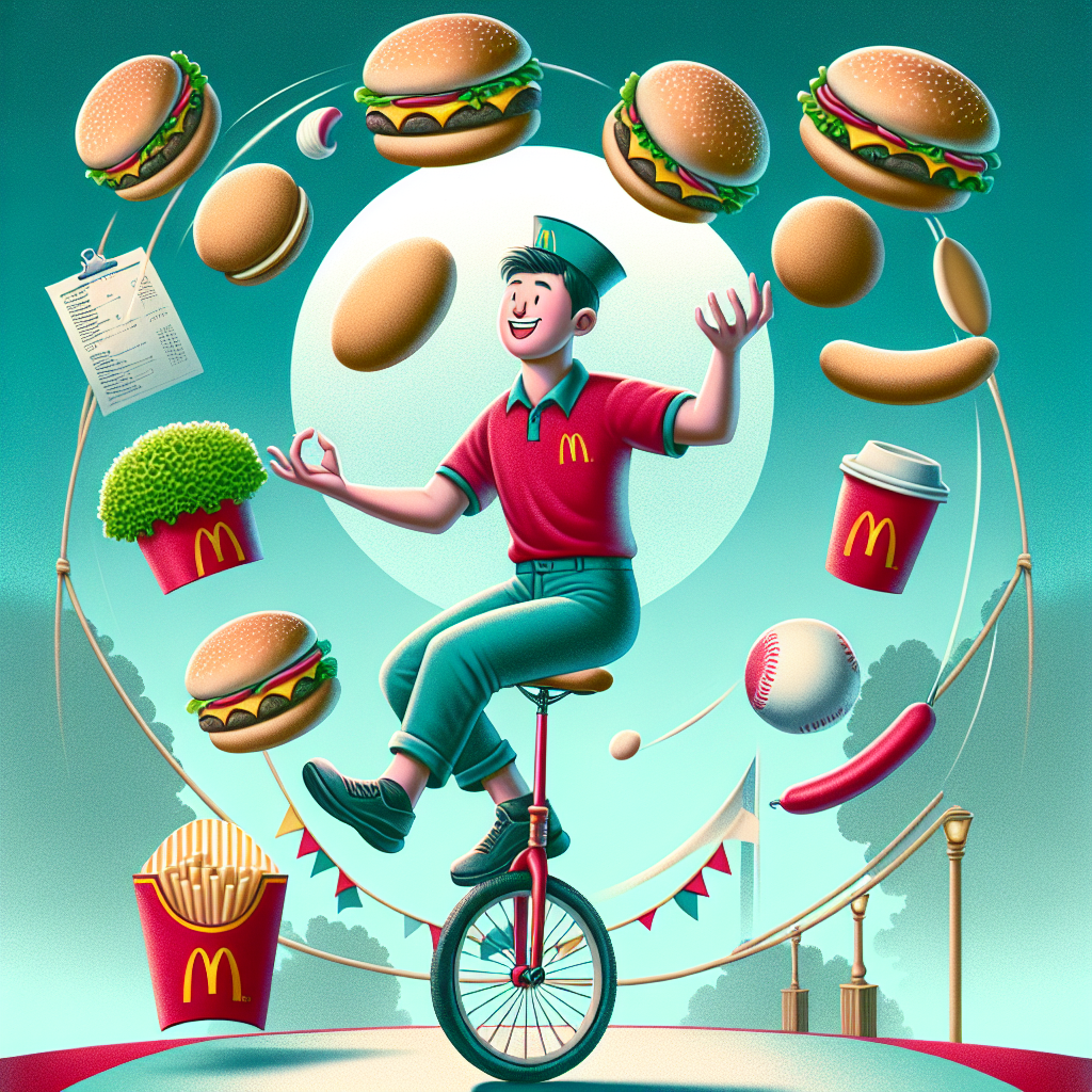 Illustration of a McDonald's employee balancing multiple food items while riding a unicycle, symbolizing complex inbound logistics