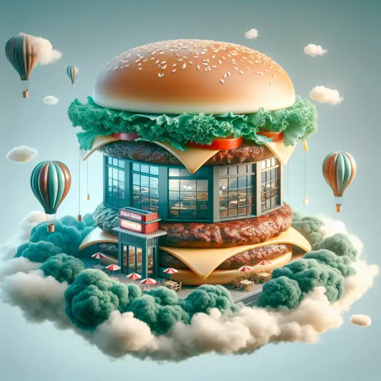 Surreal image of a giant hamburger with elements of a McDonald's store floating on clouds, accompanied by hot air balloons in a clear blue sky.