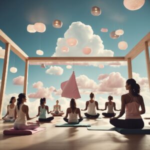 Group of women practicing yoga in a serene, airy space with whimsical cloud decorations.